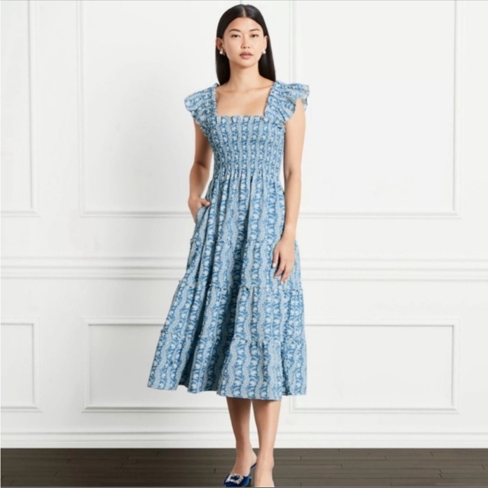 Hill House The Ellie Nap Dress - Trailing Vine Blue Crepe